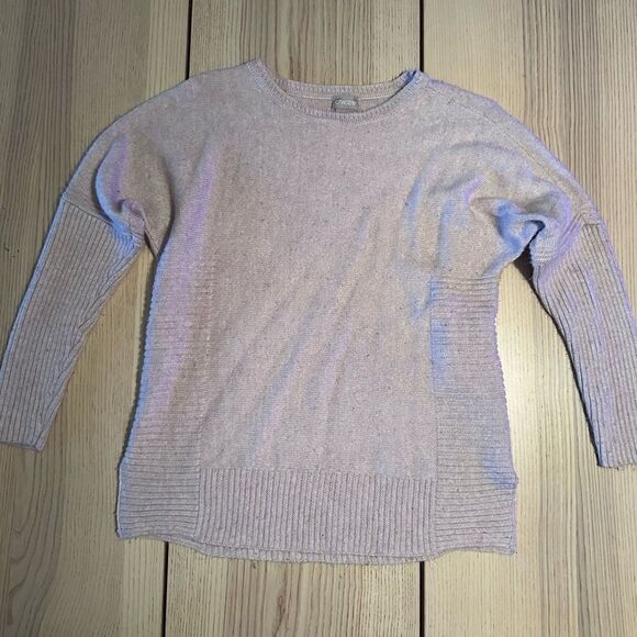 Chicos knit batwing boxy crew neck sweater in soft pink with metallic silver- 0 - Picture 1 of 5